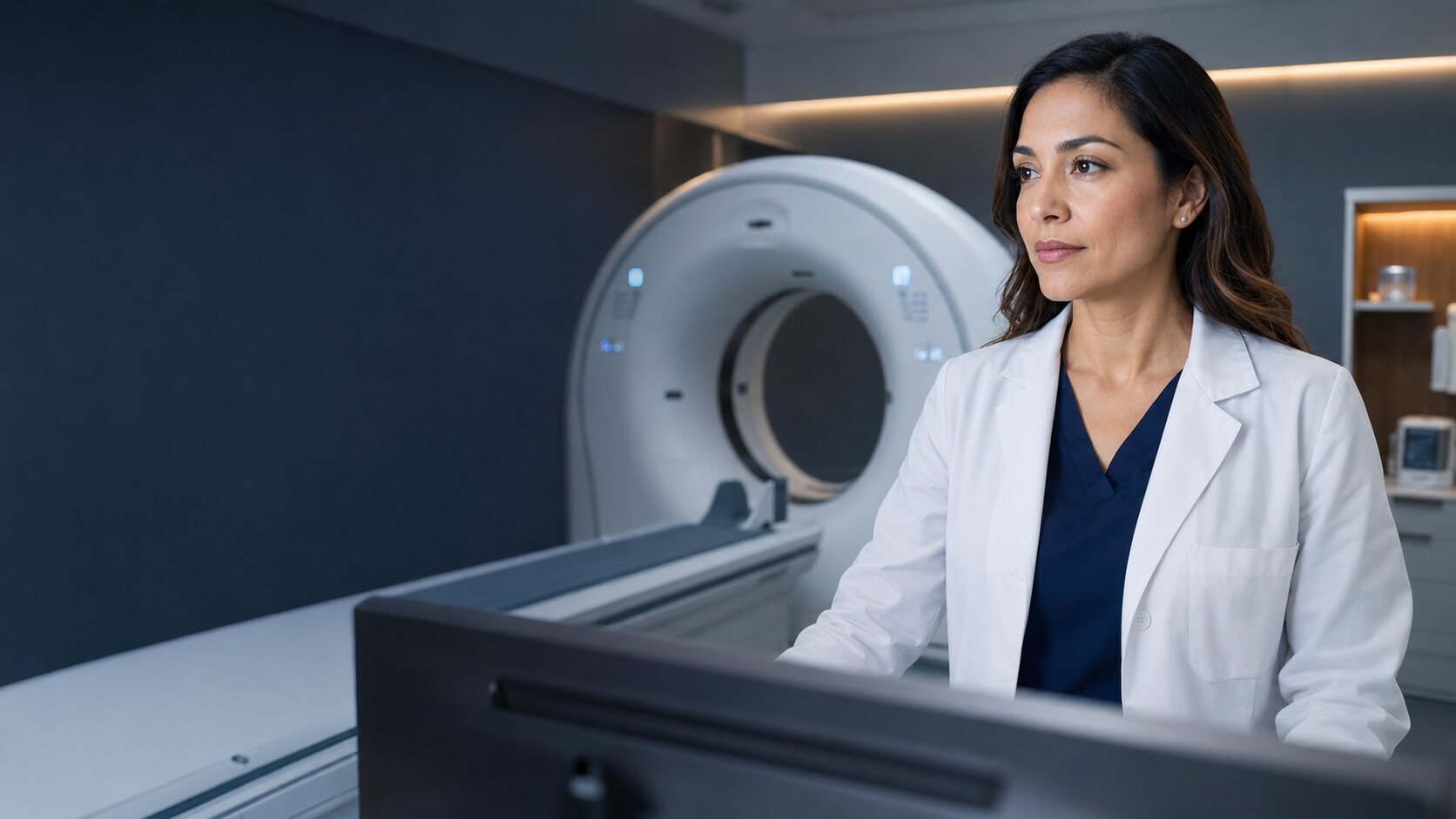 Médica especialista en una sala de tomografía moderna